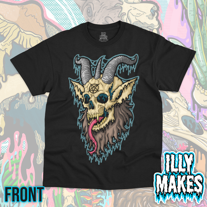 Black unisex tee featuring the Drippy Baphomet Skull 2 design by Illymakes, with a horned skull, pointed ears, occult symbol, dark fur, pink tongue, and blue dripping details.