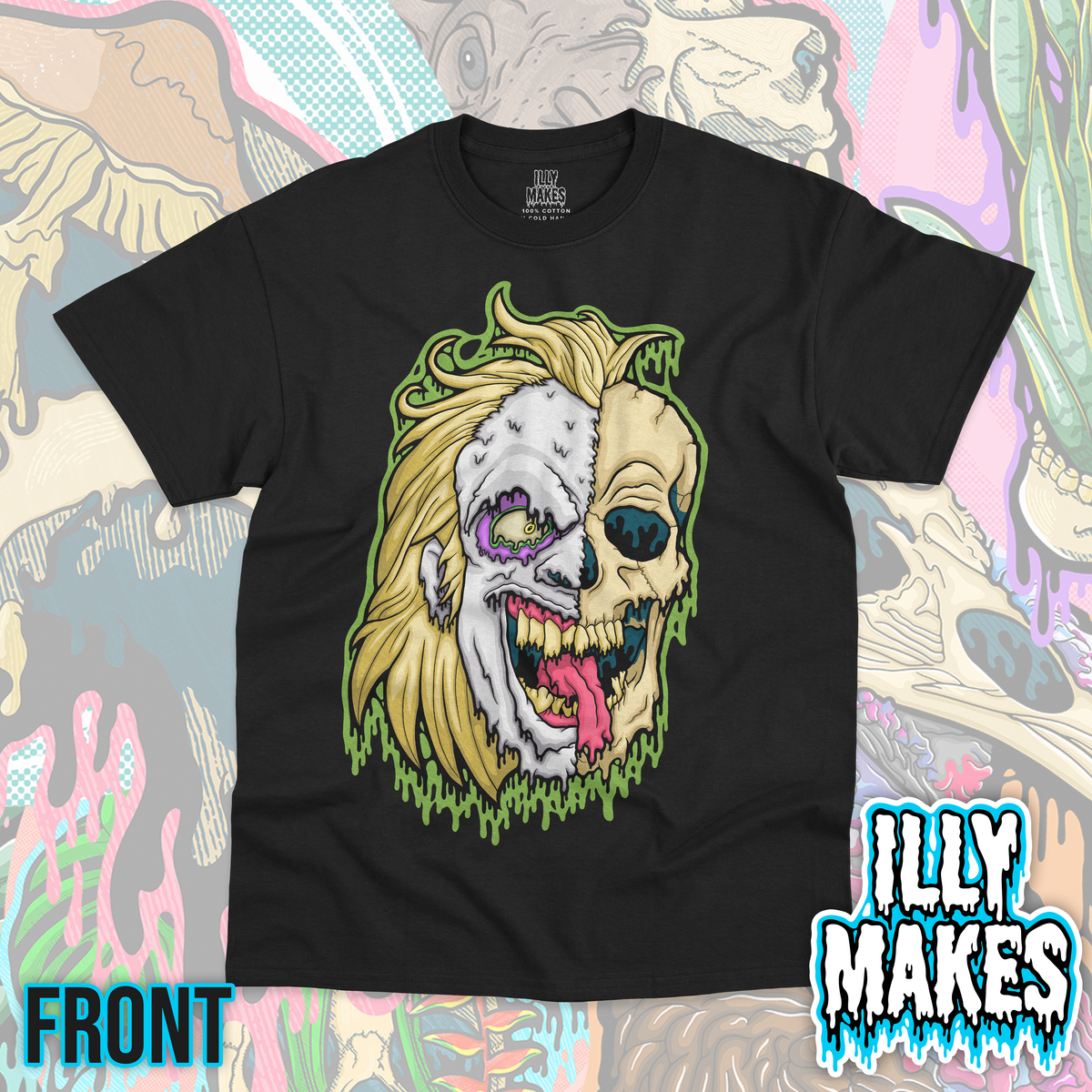 Black unisex tee featuring the Drippy Beetlejuice Skull design by Illymakes, with a wild ghost-like face, half skull detail, blonde hair, green dripping accents, and a horror-inspired style.
