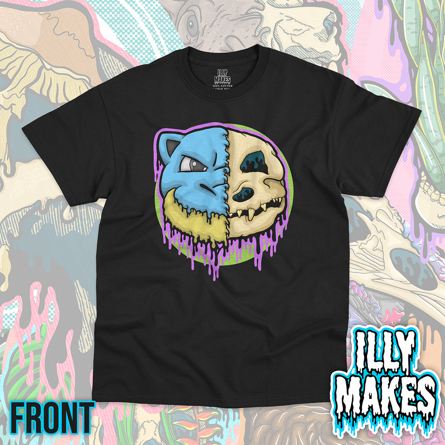 Black unisex tee featuring the Drippy Cannon Turtle Skull design by Illymakes, with a blue turtle-like face, half skull detail, yellow shell accents, purple dripping details, and a green circular background.