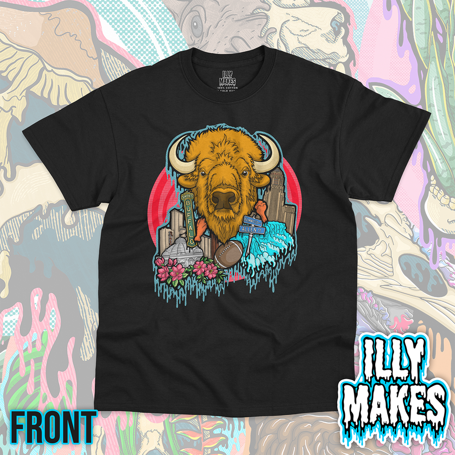 Black unisex tee featuring the Drippy Buffalo NY Bison design by Illymakes, with a bison head, Buffalo city-inspired signs, football detail, Buffalo and Erie County Botanical Gardens with flowers, Silo City, Buffalo City Hall, Niagara Falls, the intersection of Elmwood and Allen, chicken wings, and a red circular background.