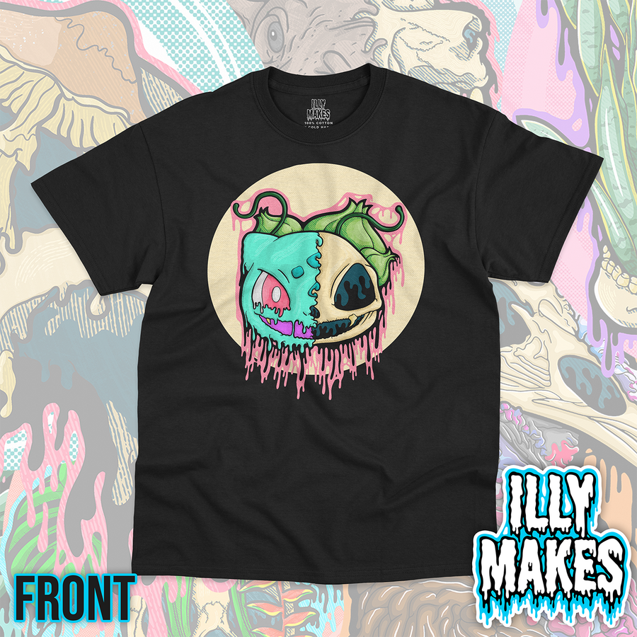 Black unisex tee featuring the Drippy Seed Creature Skull design by Illymakes, with a teal and green plant creature skull, pink dripping details, leafy bulb accents, and a cream circular background.