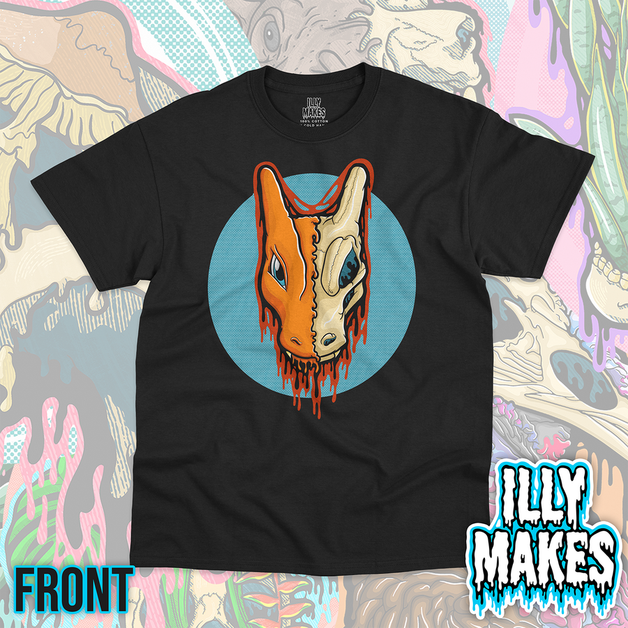 Black unisex tee featuring the Drippy Fire Dragon Skull design by Illymakes, with a half orange dragon face and half skull, red dripping details, and a light blue circular background.