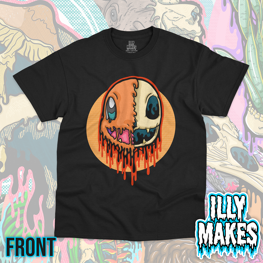 Black unisex tee featuring the Drippy Fire Salamander Skull design by Illymakes, with a half orange salamander-like face and half skull, red dripping details, teal accents, and an orange circular background.