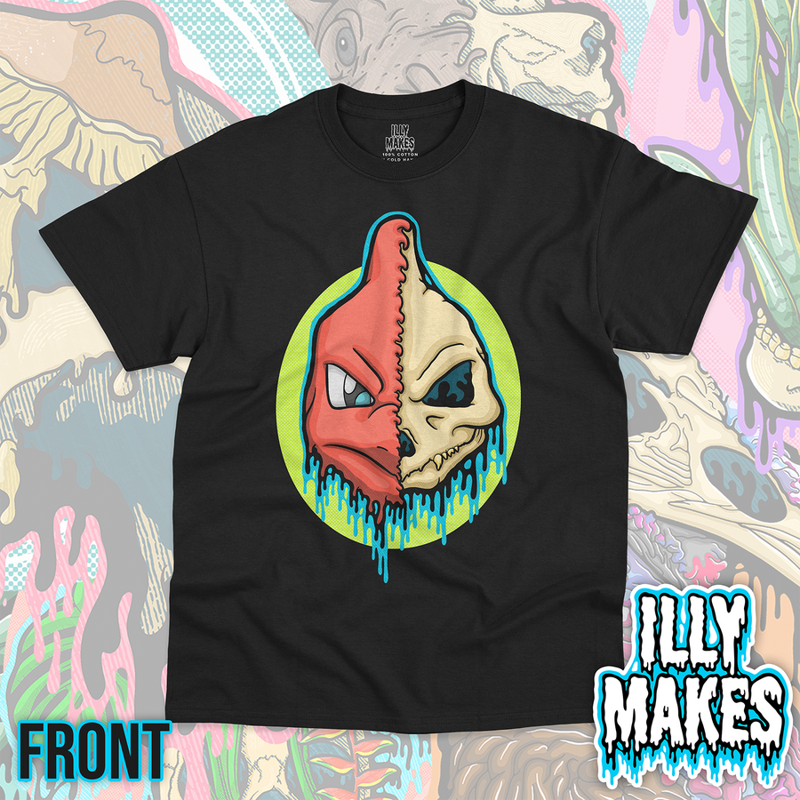 Black unisex tee featuring the Drippy Fire Lizard Skull design by Illymakes, with a half orange lizard-like face and half skull, blue dripping details, and a bright green circular background.