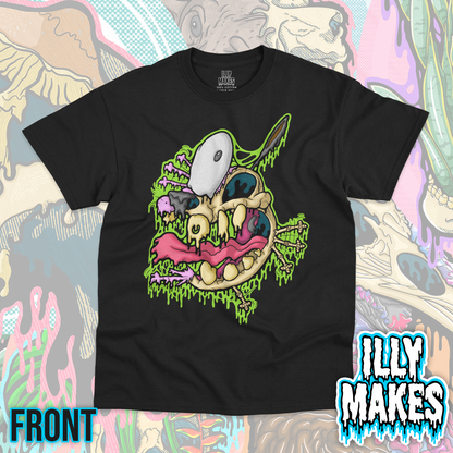 Black unisex tee featuring the Drippy Courage the Cowardly Dog Skeleton design by Illymakes, with a nervous cartoon dog skeleton, green dripping details, purple accents, and spooky horror-inspired styling.