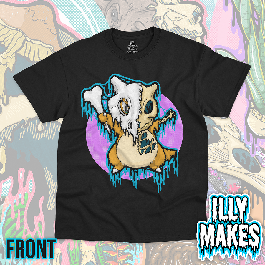 Black unisex tee featuring the Drippy Bone Mask Creature Skeleton design by Illymakes, with a tan creature skeleton wearing a large bone mask, bright blue dripping details, and a purple circular background.