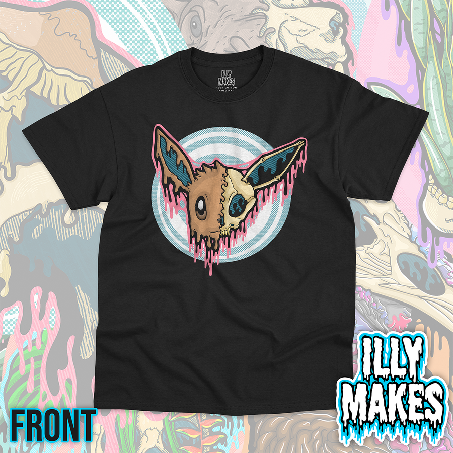 Black unisex tee featuring the Drippy Fox Creature Skull design by Illymakes, with a brown fox-like face, half skull detail, oversized ears, pink dripping accents, and a blue circular background.