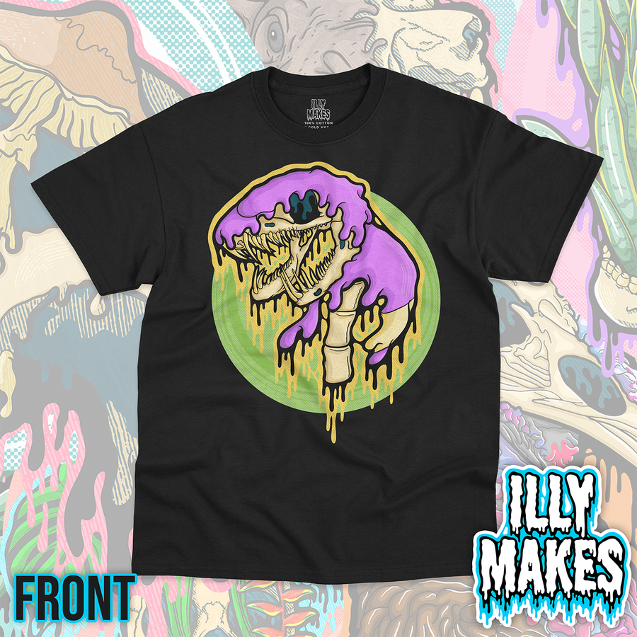Black unisex tee featuring the Drippy Purple Snake Skull design by Illymakes, with a purple snake-like skull, yellow dripping details, and a light green circular background.