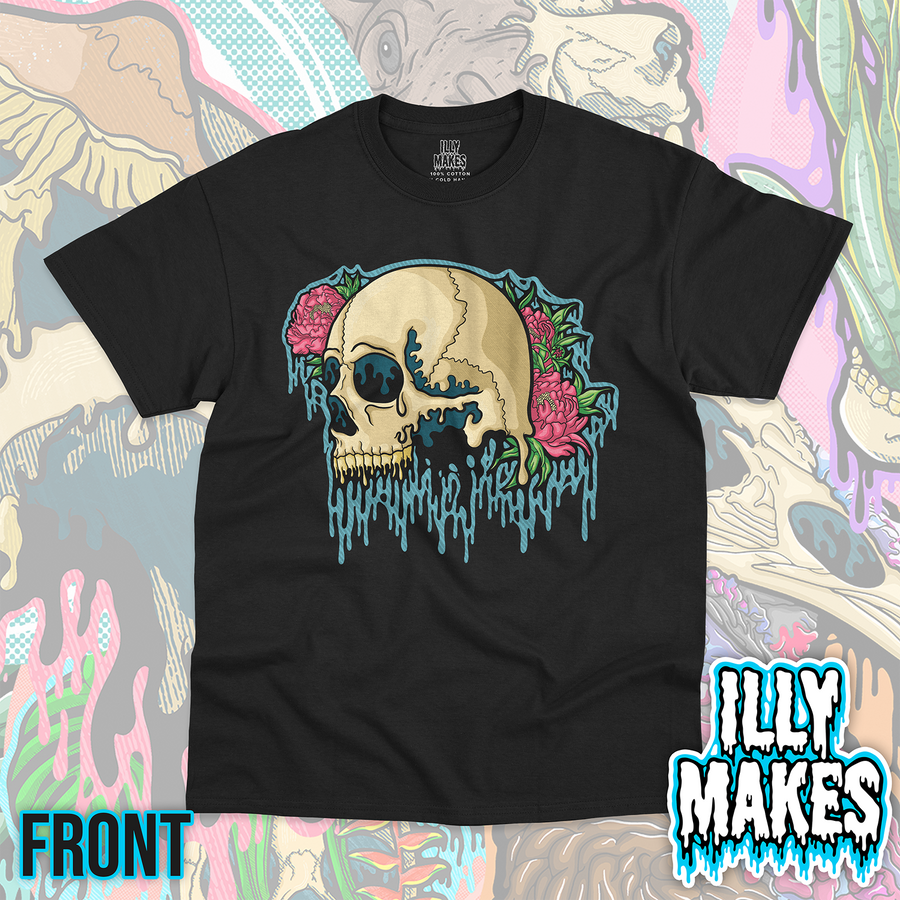 Black unisex tee featuring the Drippy Floral Skull design by Illymakes, with a cream skull, pink flowers, green leaves, and cool blue dripping details.