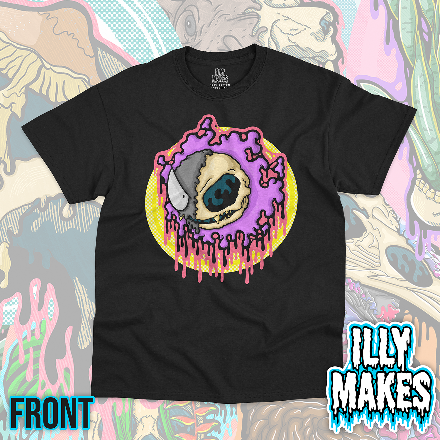Black unisex tee featuring the Drippy Purple Ghost Orb Skull design by Illymakes, with a round purple ghost-like creature, cream skull detail, black and pink dripping accents, and a yellow circular background.