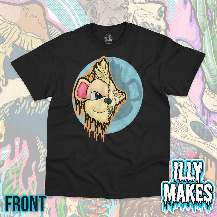 Black unisex tee featuring the Drippy Fire Pup Skull design by Illymakes, with a half dog face and half skull, orange dripping details, and a light blue circular background.