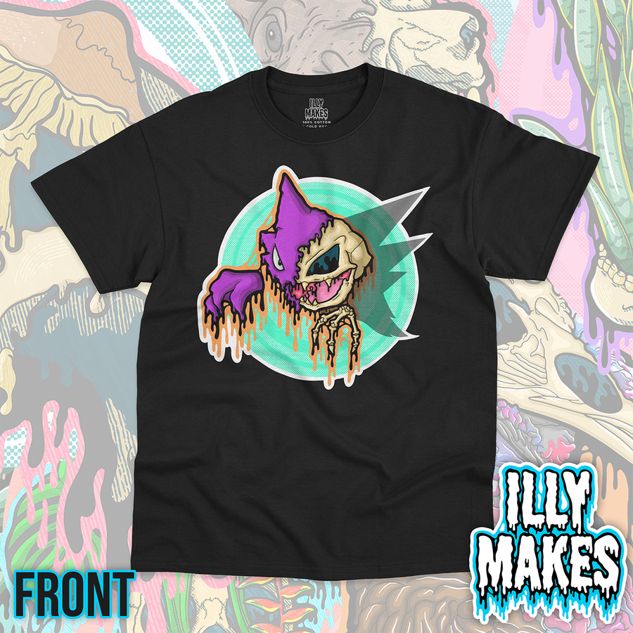 Black unisex tee featuring the Drippy Purple Ghost Skull design by Illymakes, with a purple ghost-like creature, half skull face, claw detail, orange dripping accents, and a teal circular background.