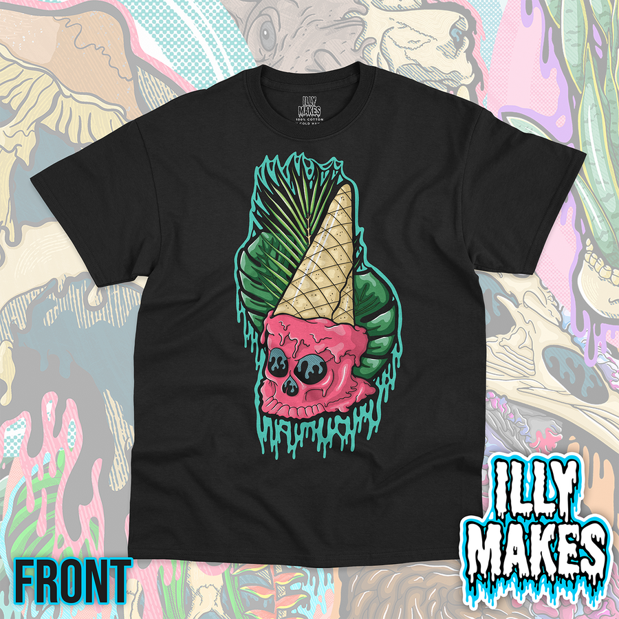 Black unisex tee featuring the Drippy Pink Ice Cream Skull design by Illymakes, with a melting pink skull, waffle cone, tropical leaves, and teal dripping details.