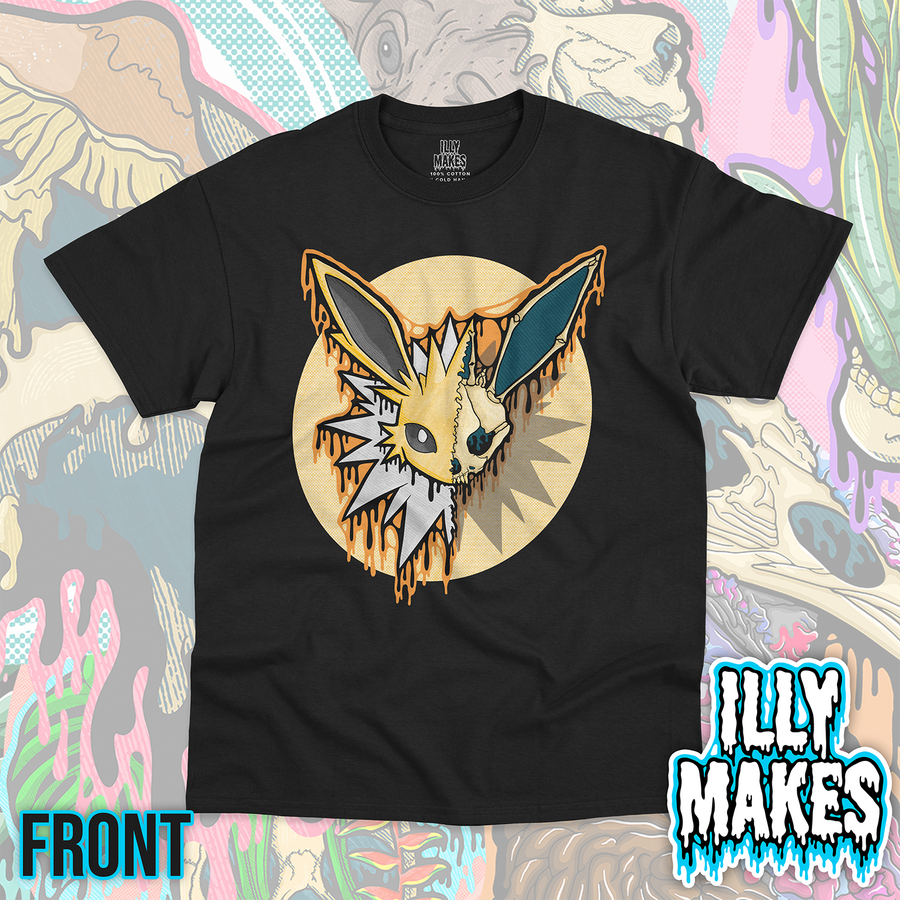 Black unisex tee featuring the Drippy Electric Fox Skull design by Illymakes, with a yellow and teal fox-like skull, sharp ears, lightning-inspired shapes, orange dripping details, and a pale yellow circular background.