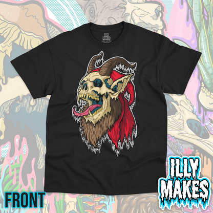 Black unisex tee featuring the Drippy Krampus Skull 2025 design by Illymakes, with a horned skull, red hood, sharp teeth, long tongue, beard, and white dripping details.