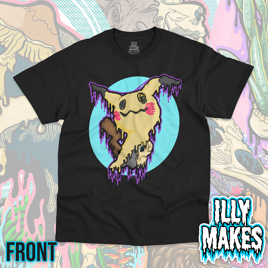 Black unisex tee featuring the Drippy Rag Doll Ghost Skull design by Illymakes, with a pale rag doll-style ghost creature, black-tipped ears, a small skull detail, purple dripping accents, and a bright blue circular background.
