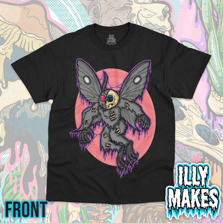 Black unisex tee featuring the Drippy Mothman Skeleton design by Illymakes, with gray creature details, exposed skeletal features, bright red eyes, and dripping accents.
