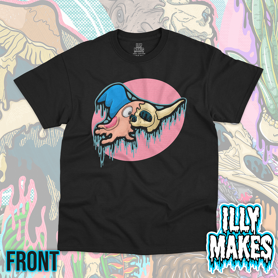 Black unisex tee featuring the Drippy Mime Skull design by Illymakes, with a mime-inspired skull character, blue cap, pink face details, teal dripping accents, and a pink circular background.