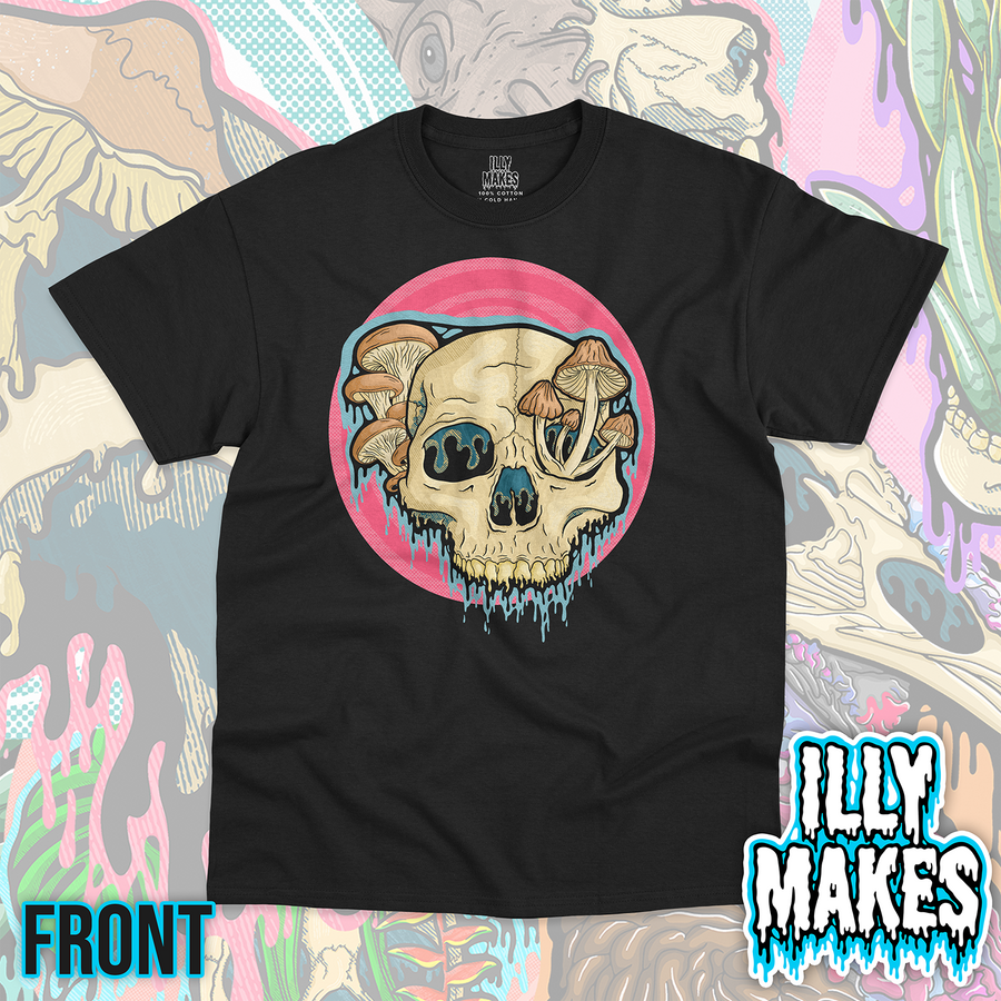 Black unisex tee featuring the Drippy Mushroom Skull 3 design by Illymakes, with a cream skull, tan mushrooms, blue dripping details, and a bold pink circular background.