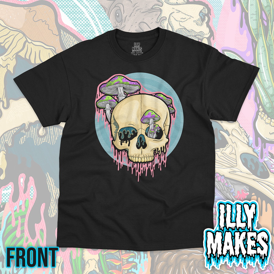 Black unisex tee featuring the Drippy Mushroom Skull 4 design by Illymakes, with a cream skull, purple and green mushrooms, pink dripping details, and a blue circular background.