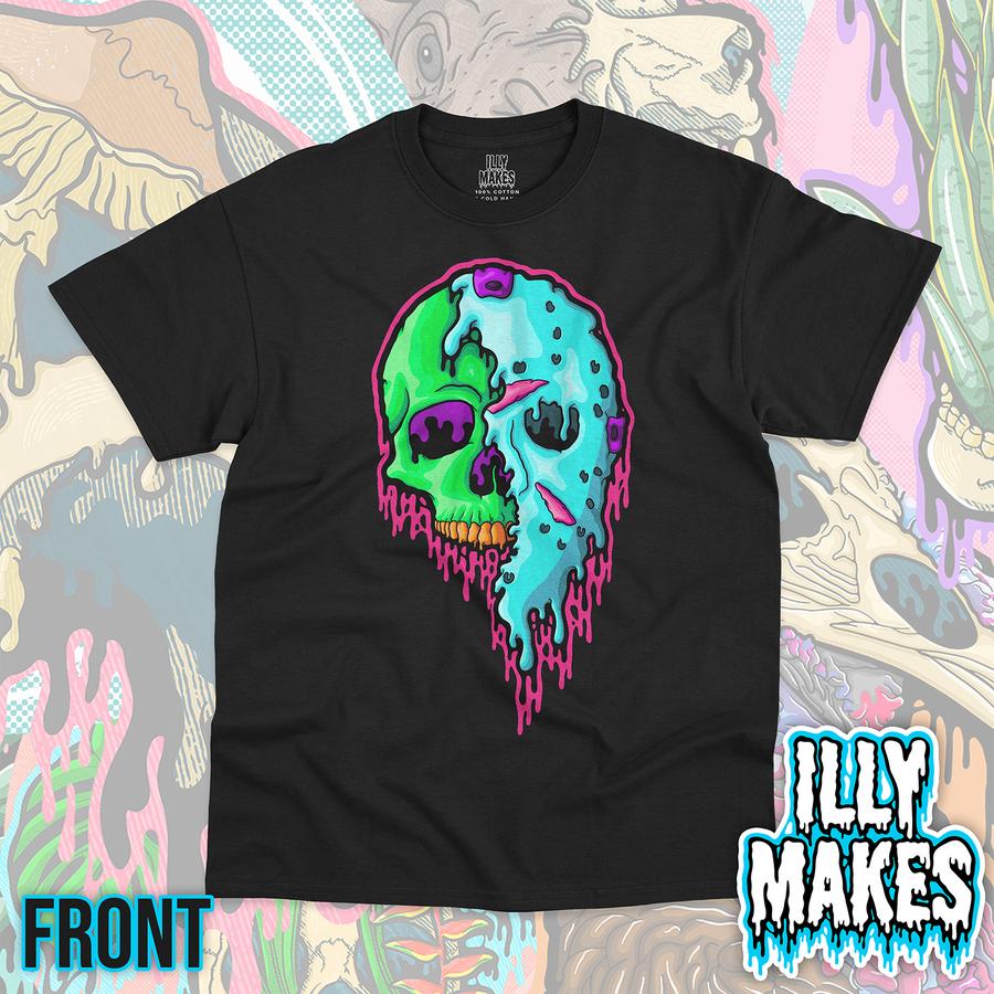 Black unisex tee featuring the Drippy Neon Hockey Mask Skull design by Illymakes, with a split neon face showing a green skull side and a blue hockey mask side, plus pink dripping details.