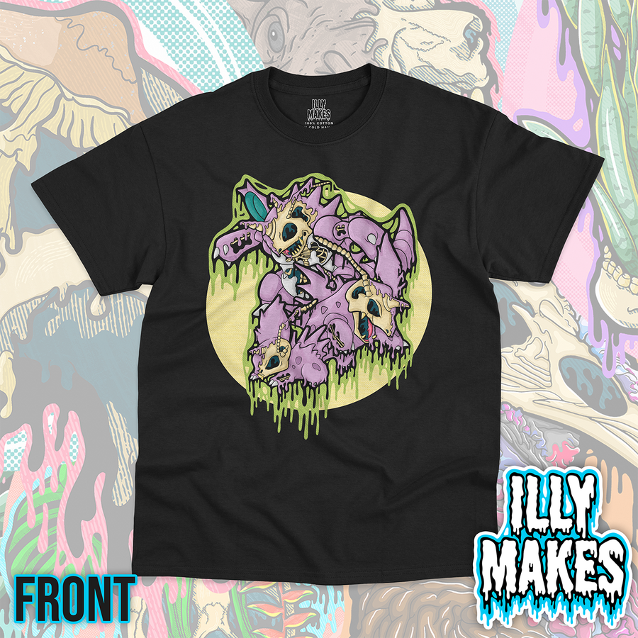 Black unisex tee featuring the Drippy Royal Monster Evolution Skeletons design by Illymakes, with three purple horned creature skeletons, skull details, green dripping accents, and a pale yellow circular background.