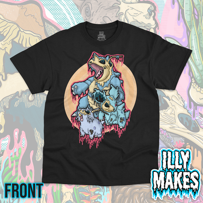 Black unisex tee featuring the Drippy Queen Monster Evolution Skeletons design by Illymakes, with three blue creature skeletons, skull details, pink dripping accents, and a warm circular background.