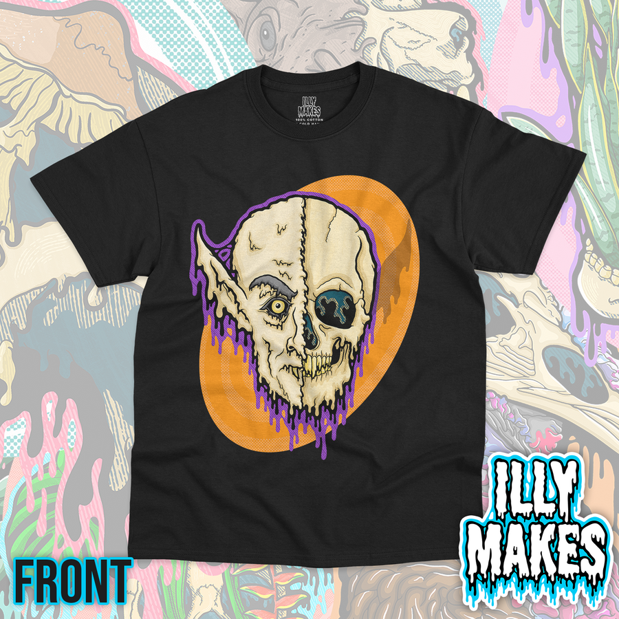 Black unisex tee featuring the Drippy Nosferatu Skull design by Illymakes, with a pale vampire skull, pointed ears, eerie yellow eyes, purple dripping details, and an orange circular background.