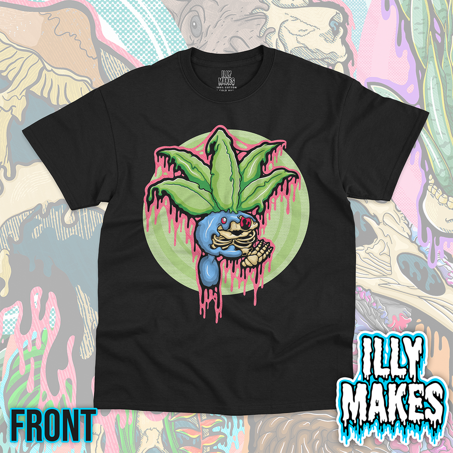 Black unisex tee featuring the Drippy Blue Sprout Skeleton design by Illymakes, with a blue plant creature skeleton, large green leaves, pink dripping accents, and a light green circular background.