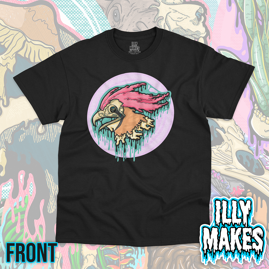 Black unisex tee featuring the Drippy Crest Bird Skull design by Illymakes, with a side-profile bird skull, bright pink feathered crest, teal dripping details, and a soft purple circular background.