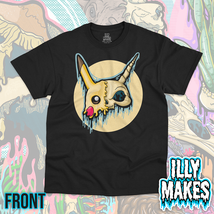 Black unisex tee featuring the Drippy Electric Mouse Skull design by Illymakes, with a half yellow mouse face and half skull, tall ears, pink cheek detail, blue dripping accents, and a pale yellow circular background.