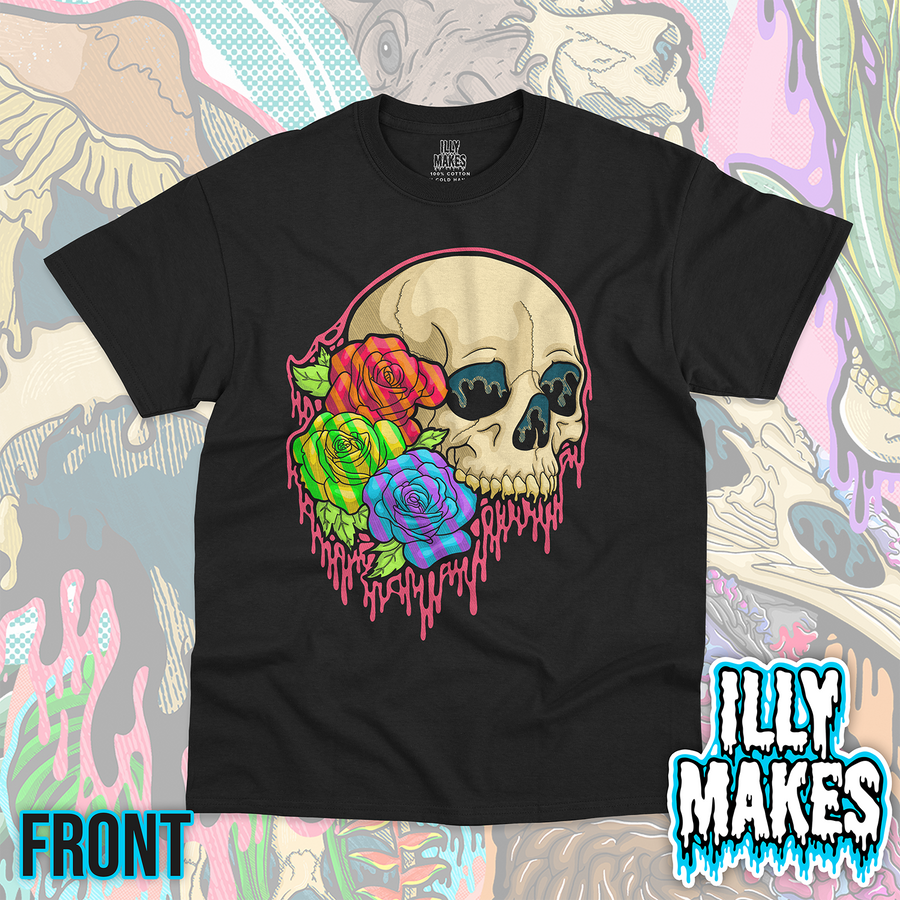 Black unisex tee featuring the Drippy Pride Skull design by Illymakes, with a cream skull, rainbow roses, green leaves, and bold pink dripping details.
