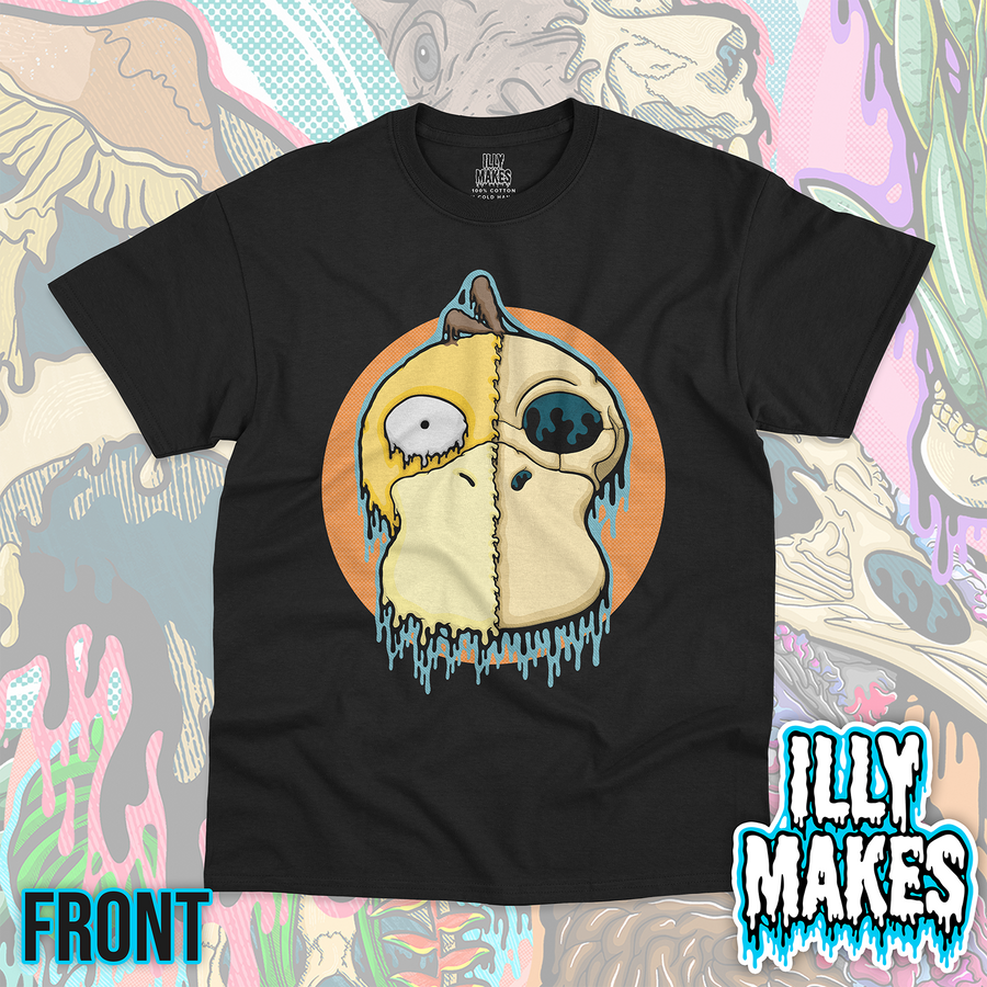Black unisex tee featuring the Drippy Confused Duck Skull design by Illymakes, with a yellow duck-like face, half skull detail, blue dripping accents, and an orange circular background.