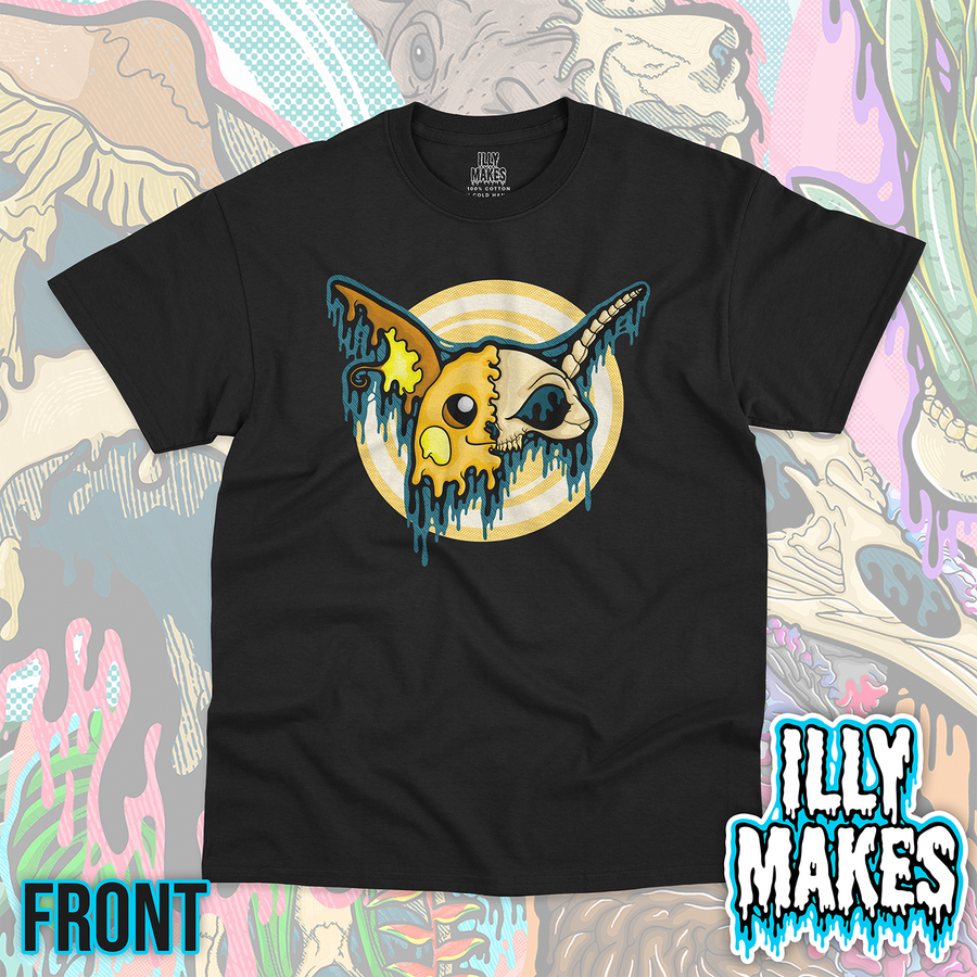 Black unisex tee featuring the Drippy Electric Beast Skull design by Illymakes, with a yellow creature-like skull, long ears, blue dripping details, and a pale yellow circular background.