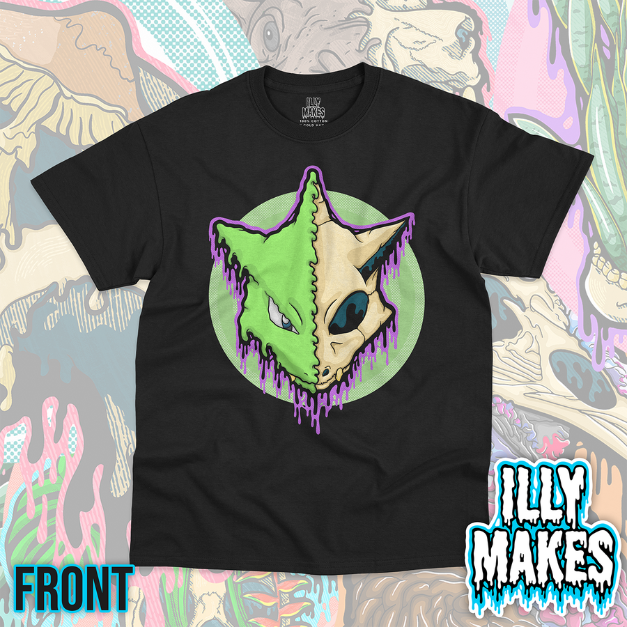 Black unisex tee featuring the Drippy Mantis Skull design by Illymakes, with a green mantis-like face, half skull detail, purple dripping accents, and a light green circular background.
