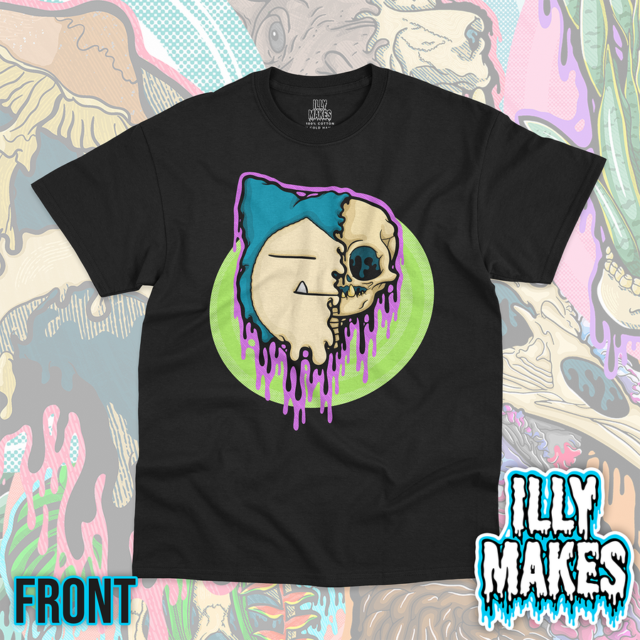 Black unisex tee featuring the Drippy Sleepy Giant Skull design by Illymakes, with a sleepy blue and cream creature face, half skull detail, purple dripping accents, and a green circular background.