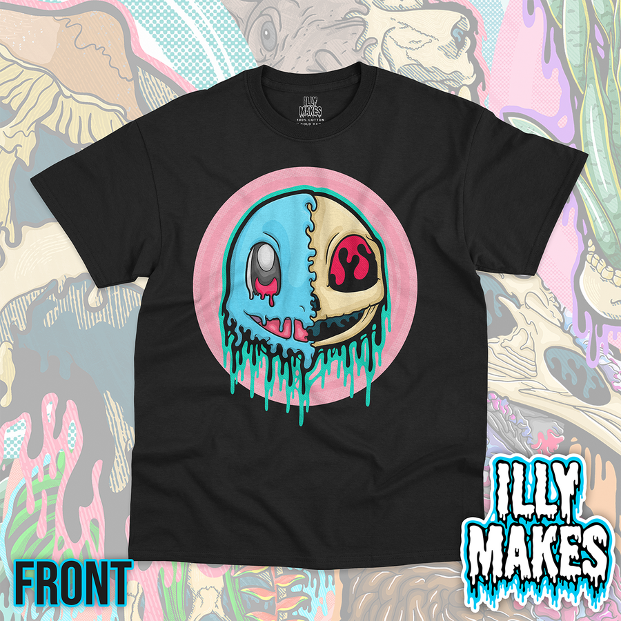 Black unisex tee featuring the Drippy Water Turtle Skull design by Illymakes, with a half blue turtle face and half skull, teal dripping details, pink accents, and a pink circular background.