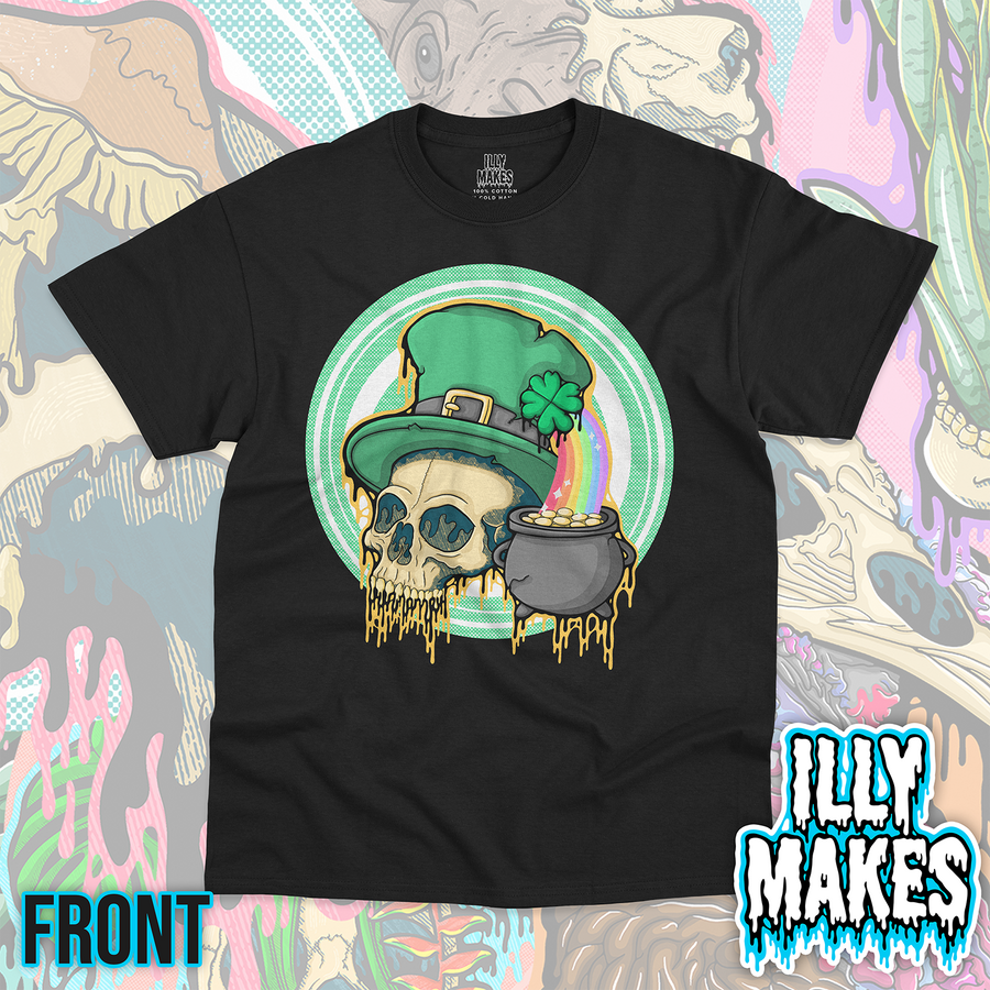 Black unisex tee featuring the Drippy St. Patrick’s Day Skull design by Illymakes, with a skull wearing a green leprechaun hat, shamrock, rainbow, pot of gold, and golden dripping details.