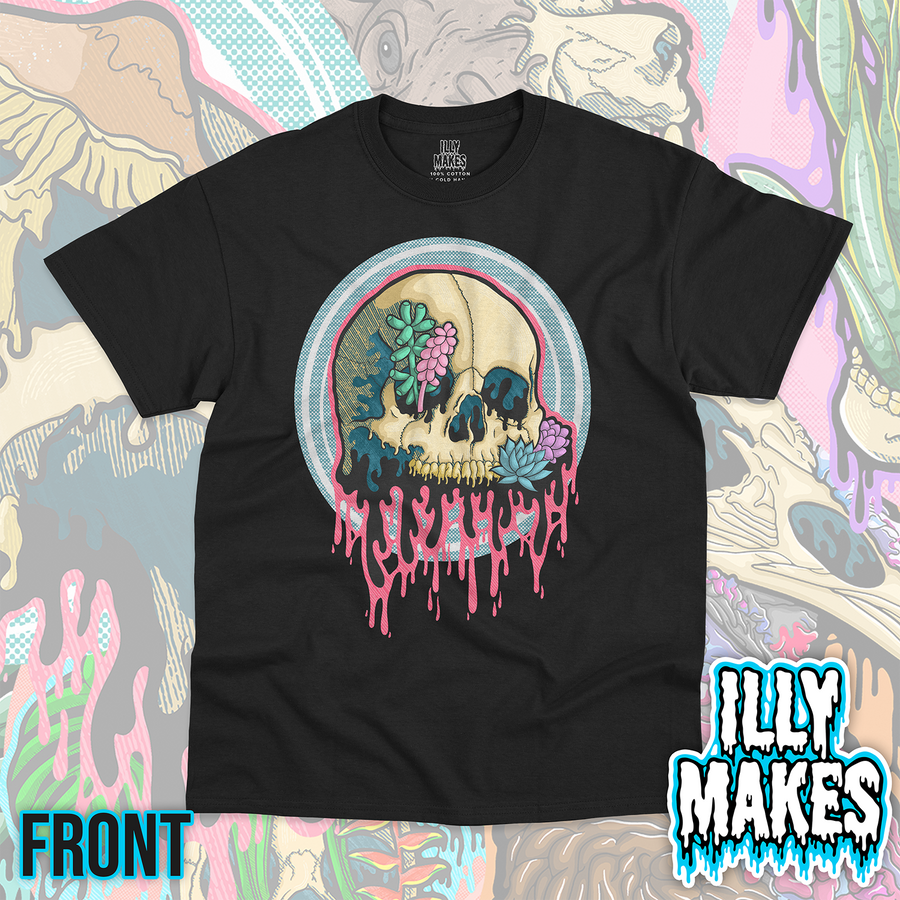 Black unisex tee featuring the Drippy Succulent Skull 2 design by Illymakes, with a cream skull, colorful succulents, blue circular background, and bold pink dripping details.