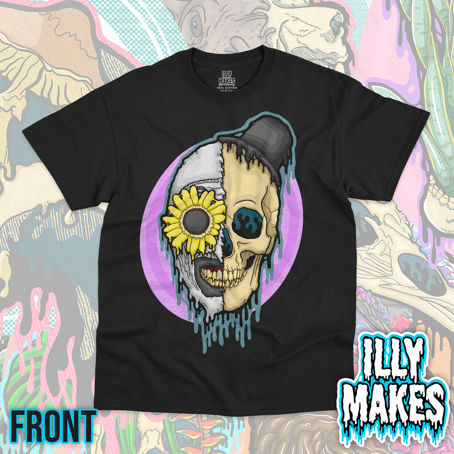 Black unisex tee featuring the Drippy Killer Clown Skull design by Illymakes, with a creepy clown-inspired skull, bold dripping details, and colorful horror accents.