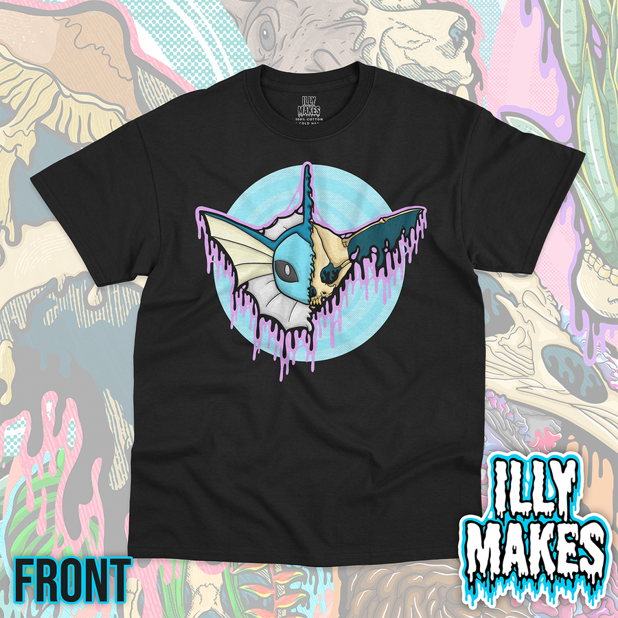 Black unisex tee featuring the Drippy Water Creature Skull design by Illymakes, with a blue aquatic creature face, half skull detail, fin-like ears, purple dripping accents, and a light blue circular background.