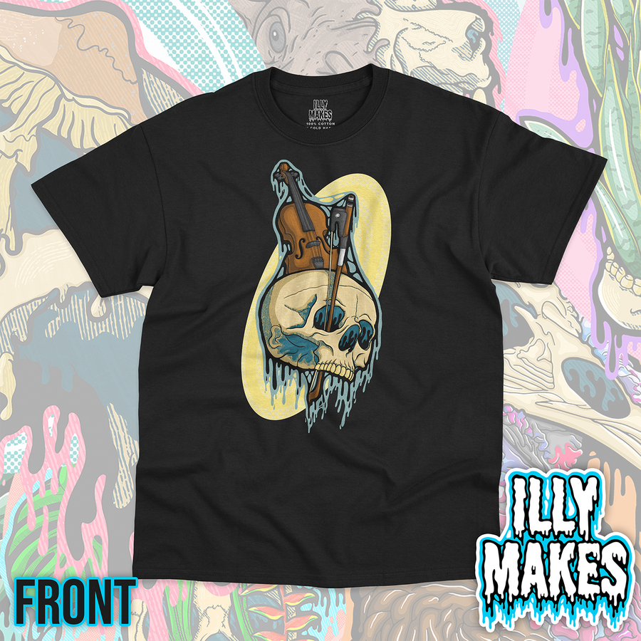 Black unisex tee featuring the Drippy Violin Skull design by Illymakes, with a cream skull, violin, bow, yellow background shape, and blue dripping details.