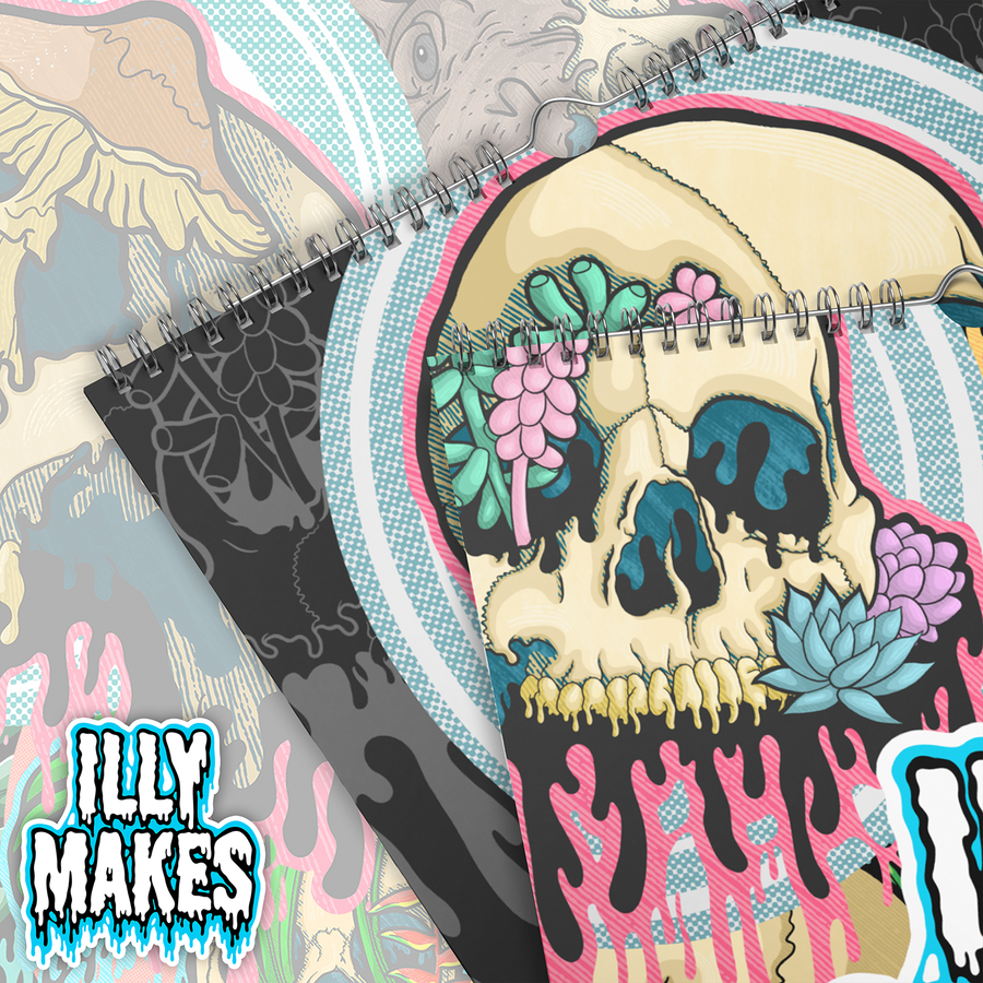 2026 Drippy Skull Art Wall Calendar by Illymakes featuring colorful skull illustrations and a bold dripping Illymakes logo on the cover.