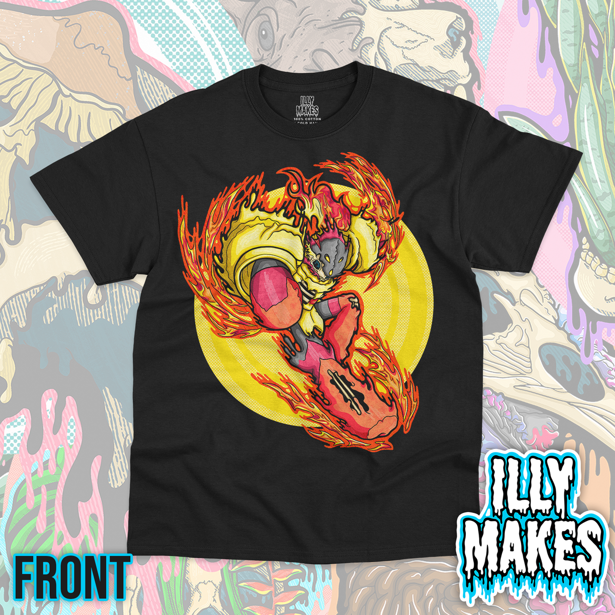 Black unisex tee featuring the Drippy Armarouge Skeleton design by Illymakes, with an armored fire warrior skeleton, yellow circular background, flames, and dripping details.