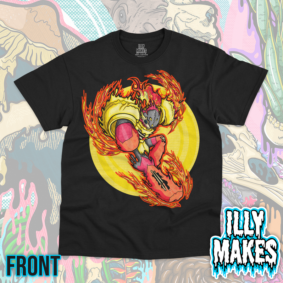 Black unisex tee featuring the Drippy Armarouge Skeleton design by Illymakes, with an armored fire warrior skeleton, yellow circular background, flames, and dripping details.