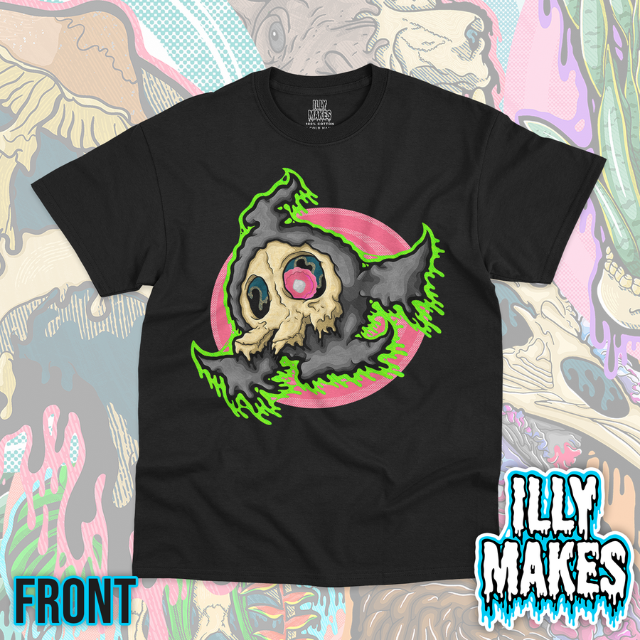 Black unisex tee featuring the Drippy Duskull Skull design by Illymakes, with a spooky ghost-like skull character, one large eye, and bold dripping details.