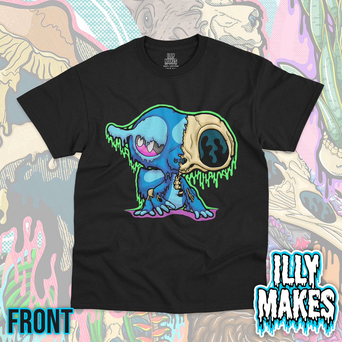 Black unisex tee featuring the Drippy Gecqua Skeleton design by Illymakes, with an aquatic gecko-inspired skeleton and bold dripping details.