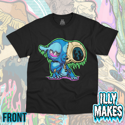 Black unisex tee featuring the Drippy Gecqua Skeleton design by Illymakes, with an aquatic gecko-inspired skeleton and bold dripping details.