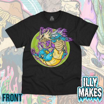 Black unisex tee featuring the Drippy Gyarados Skeleton design by Illymakes, with a fierce aquatic dragon-inspired skeleton and bold dripping details.