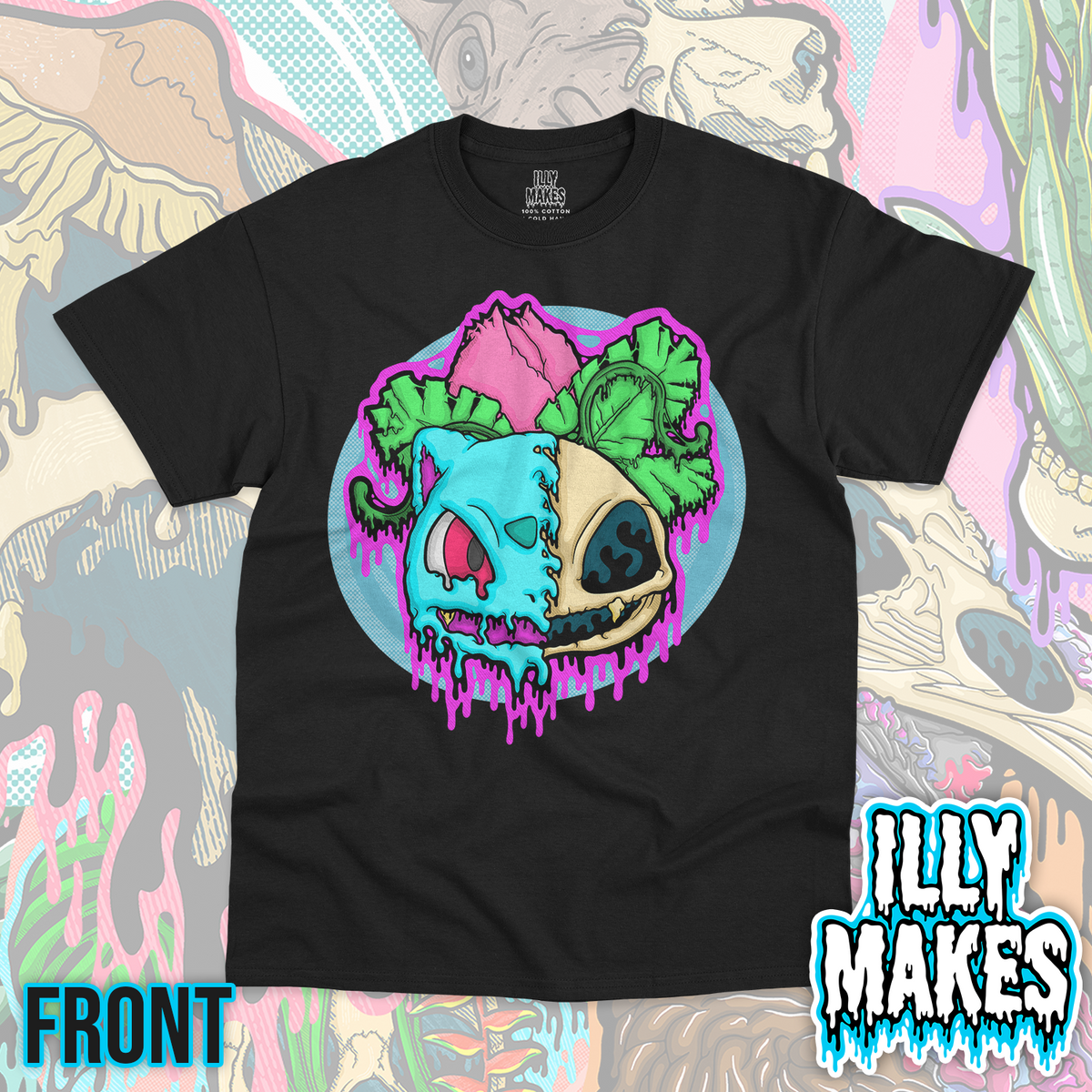 Black unisex tee featuring the Drippy Ivysaur Skull design by Illymakes, with a plant creature skull, leafy details, a flower bud, and bold dripping accents.